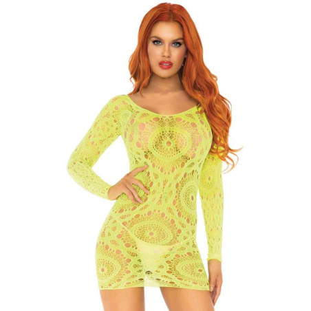 LEG AVENUE MINI ROBE EN DENTELLE NÉON À MANCHES LONGUES TAILLE UNIQUE